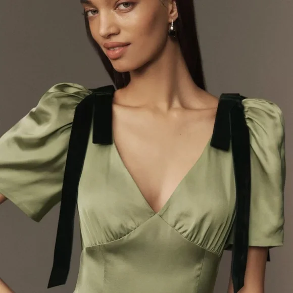 Mare Mare 'Bree' Bow Puff-Sleeve Slip Dress in Olive (NWT) - Picture 2 of 3